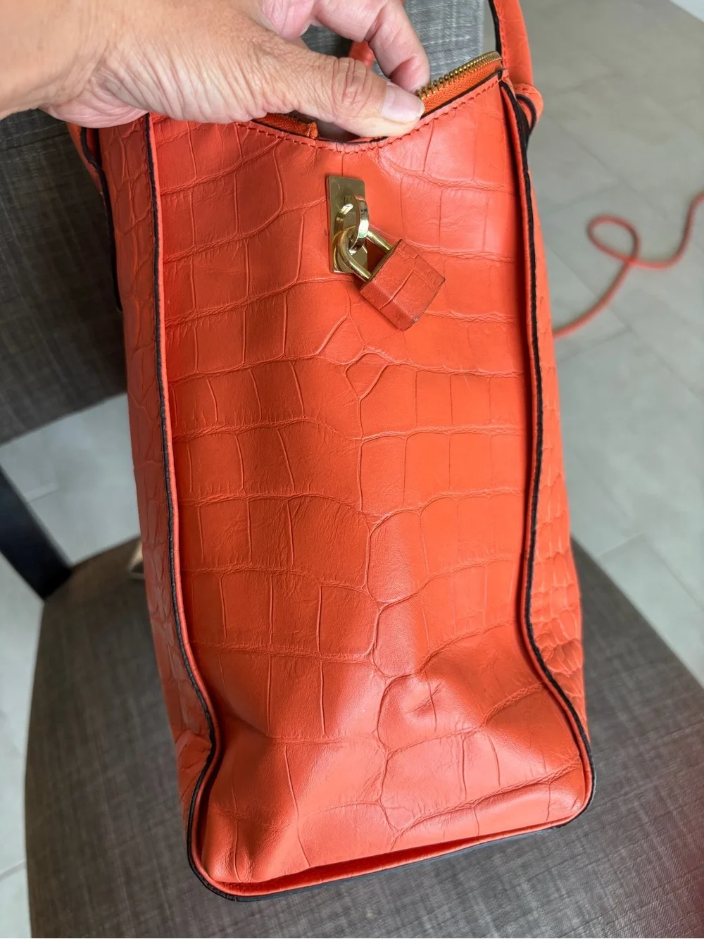 Mcm Orange Croc-Embossed Leather Tote Bag